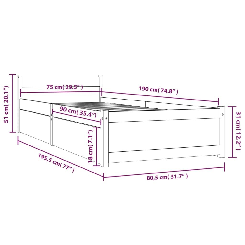 Gultas rāmis ar atvilktnēm, 75x190cm, vienvietīgs cena un informācija | Gultas | 220.lv