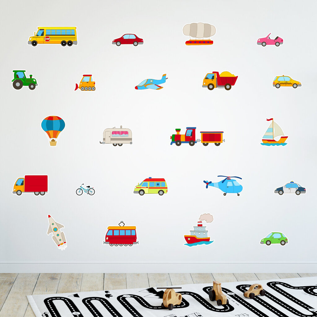 Mašīnas, uzlīmes uz bērnu istabas sienas. krāsainas sienas uzlīmes, mēbeles, vannas istaba, piezīmju grāmatiņas, mugursoma cena un informācija | Dekoratīvās uzlīmes | 220.lv