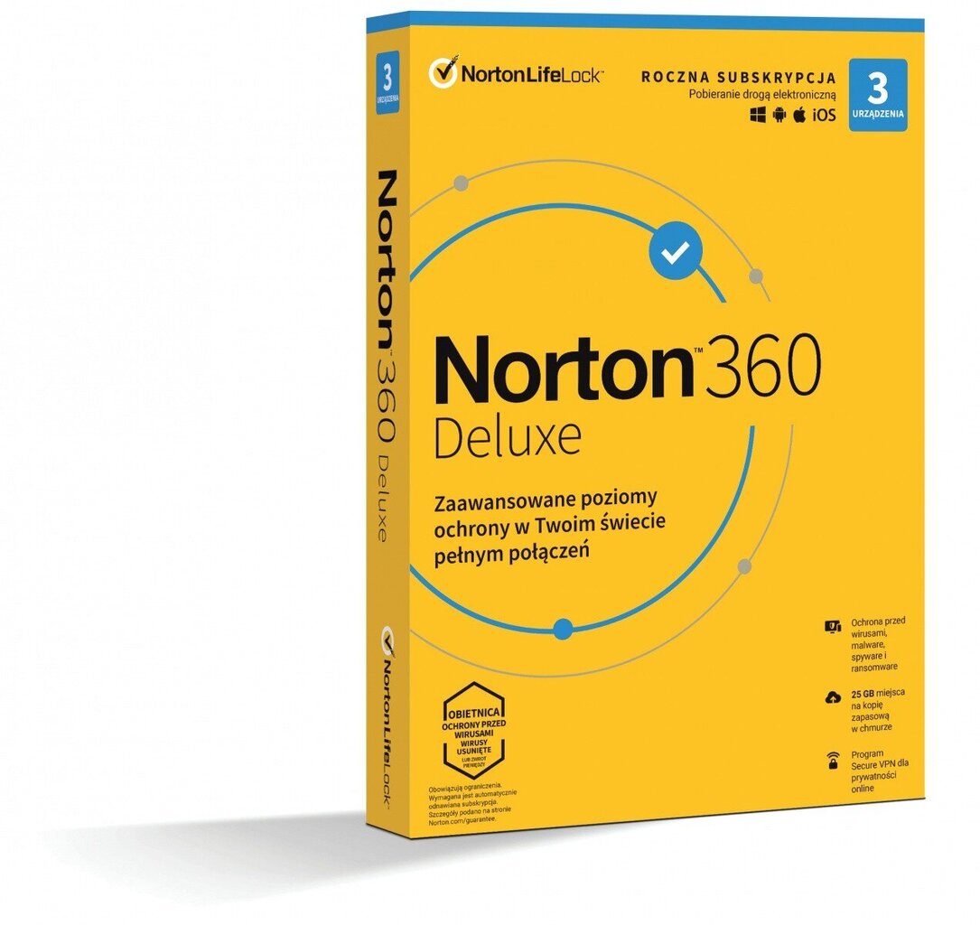 Norton 360 Delux 25 GB PL 1 lietotājs 3 ierīce 12 mēn. 21408734 cena un informācija | Antivīrusa programmatūras | 220.lv