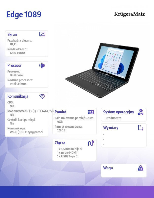 Kruger & Matz PC Tab 2in 1 EDGE 1089 Portatīvais dators cena un informācija | Portatīvie datori | 220.lv