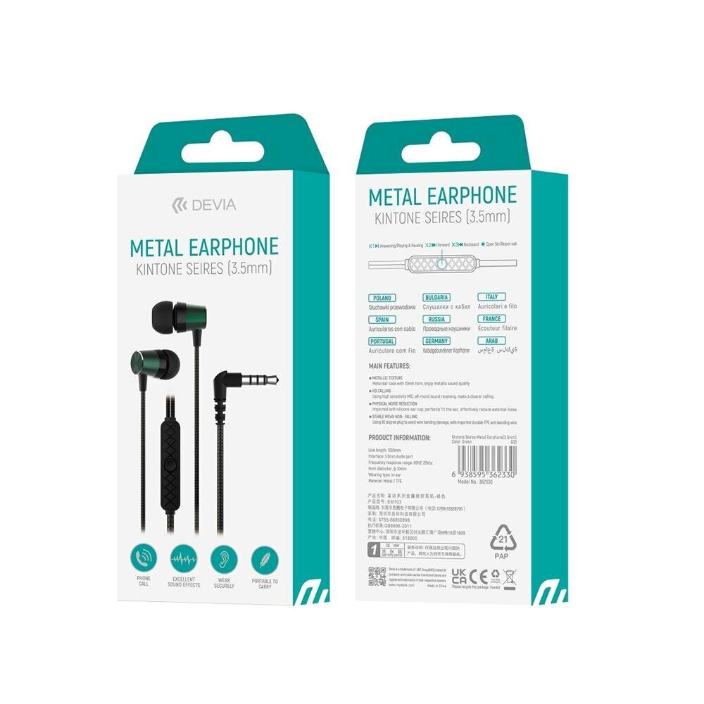 Devia wired earphones Kintone Metal jack 3,5mm green cena un informācija | Austiņas | 220.lv