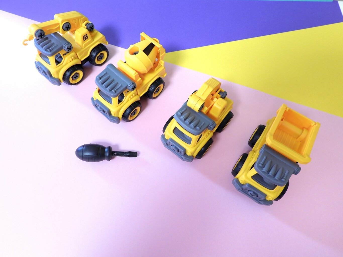 Konstruktora mašīnas, kravas automašīnas ar skrūvgriezi, 4 gab. cena un informācija | Rotaļlietas zēniem | 220.lv