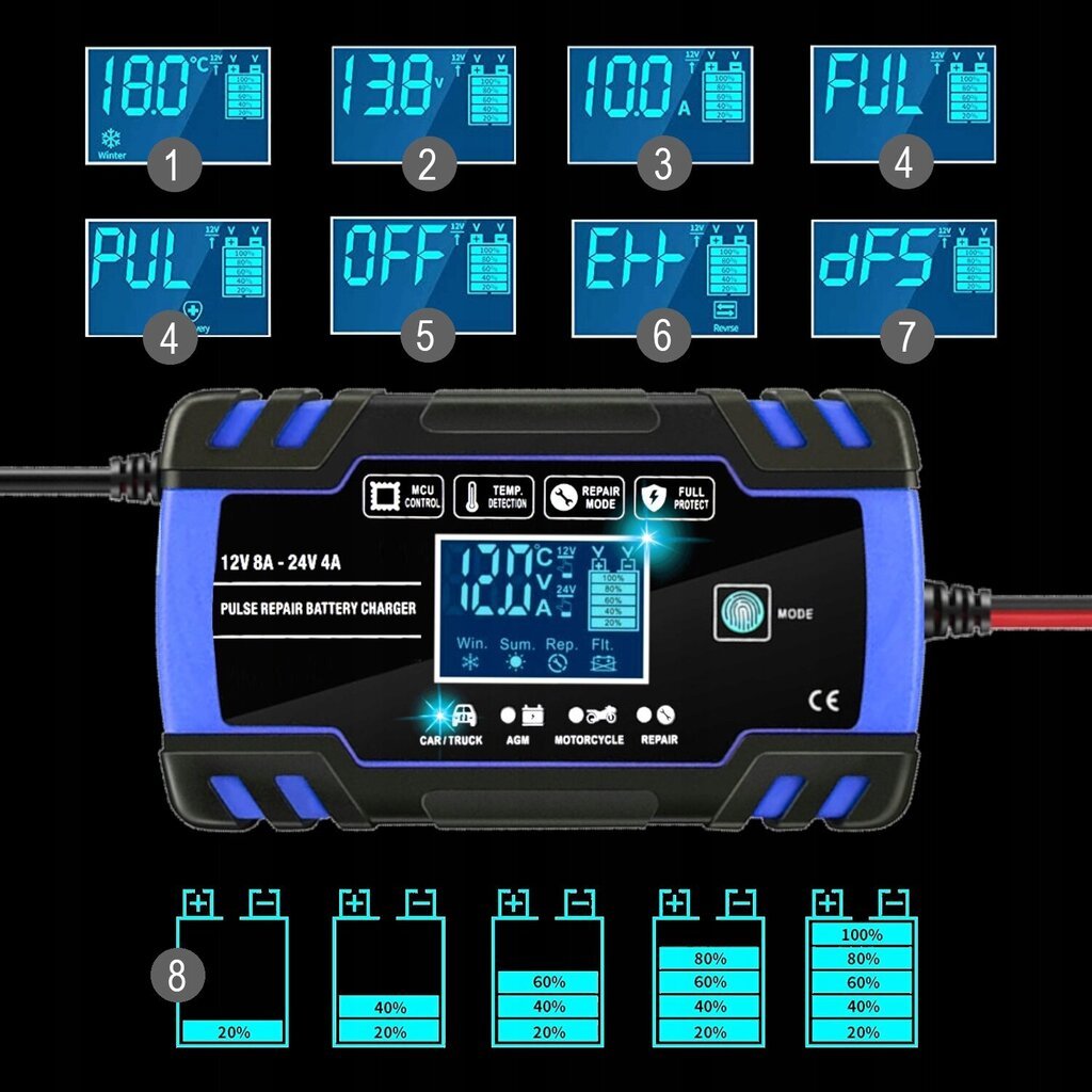 Automātiskais akumulatoru lādētājs ar remonta funkciju, 12V, 24V cena un informācija | Akumulatoru lādētāji | 220.lv