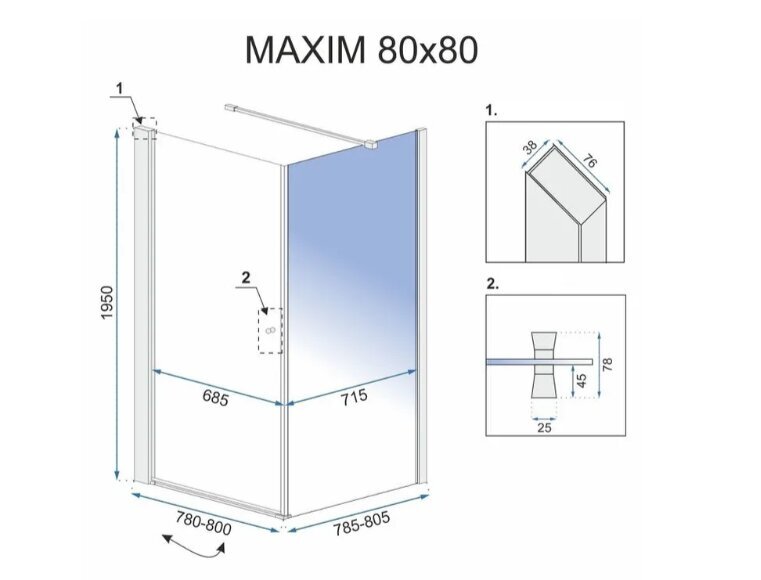 Rea Maxim 80x80 dušas kabīne - kreisā puse cena un informācija | Dušas kabīnes | 220.lv