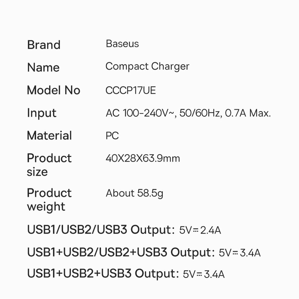 Baseus Compact CCXJ020101 cena un informācija | Lādētāji un adapteri | 220.lv