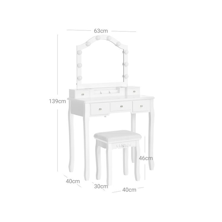 Kosmētikas galds ar spoguli un mīkstu krēslu VASAGLE RDT170W01 cena un informācija | Kosmētikas galdiņi | 220.lv