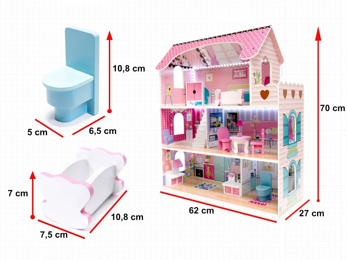 Koka leļļu māja ar mēbelēm un LED cena un informācija | Rotaļlietas meitenēm | 220.lv