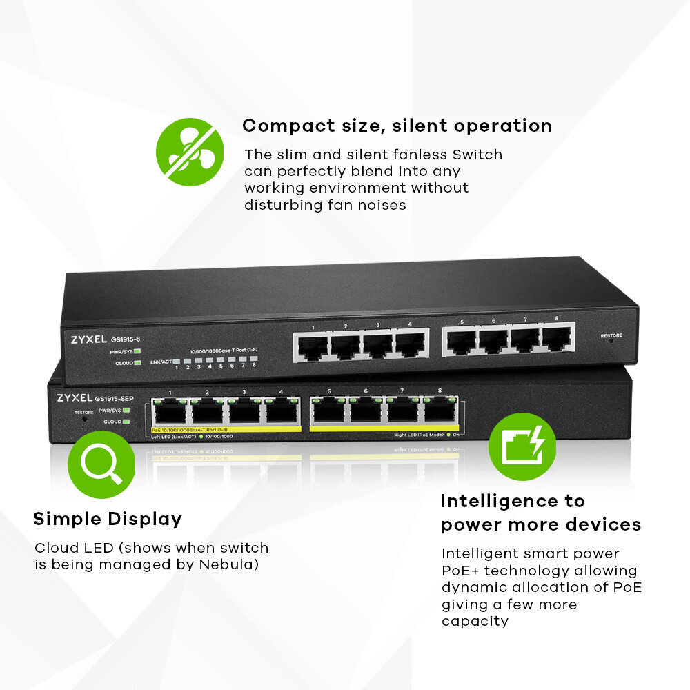 Zyxel GS1915-8EP Managed L2 Gigabit Ethernet (10/100/1000) Power over Ethernet (PoE) Black cena un informācija | Komutatori (Switch) | 220.lv
