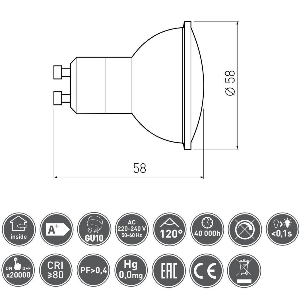 GTV LED GU10 spuldze 4W, 230V, 6400K, 340lm, 120° cena un informācija | Spuldzes | 220.lv