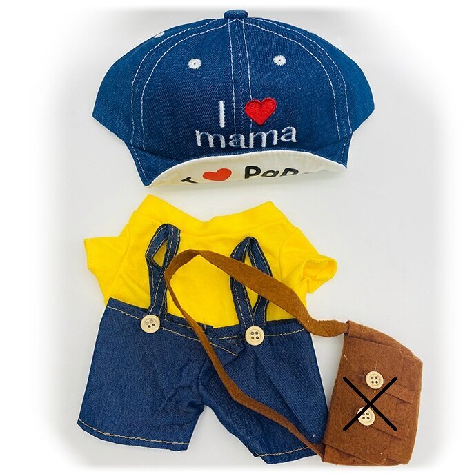 Apģērbs pīlei: zils kombinezons ar dzeltenu T kreklu, cepuri, bez rokassomas cena un informācija | Mīkstās (plīša) rotaļlietas | 220.lv