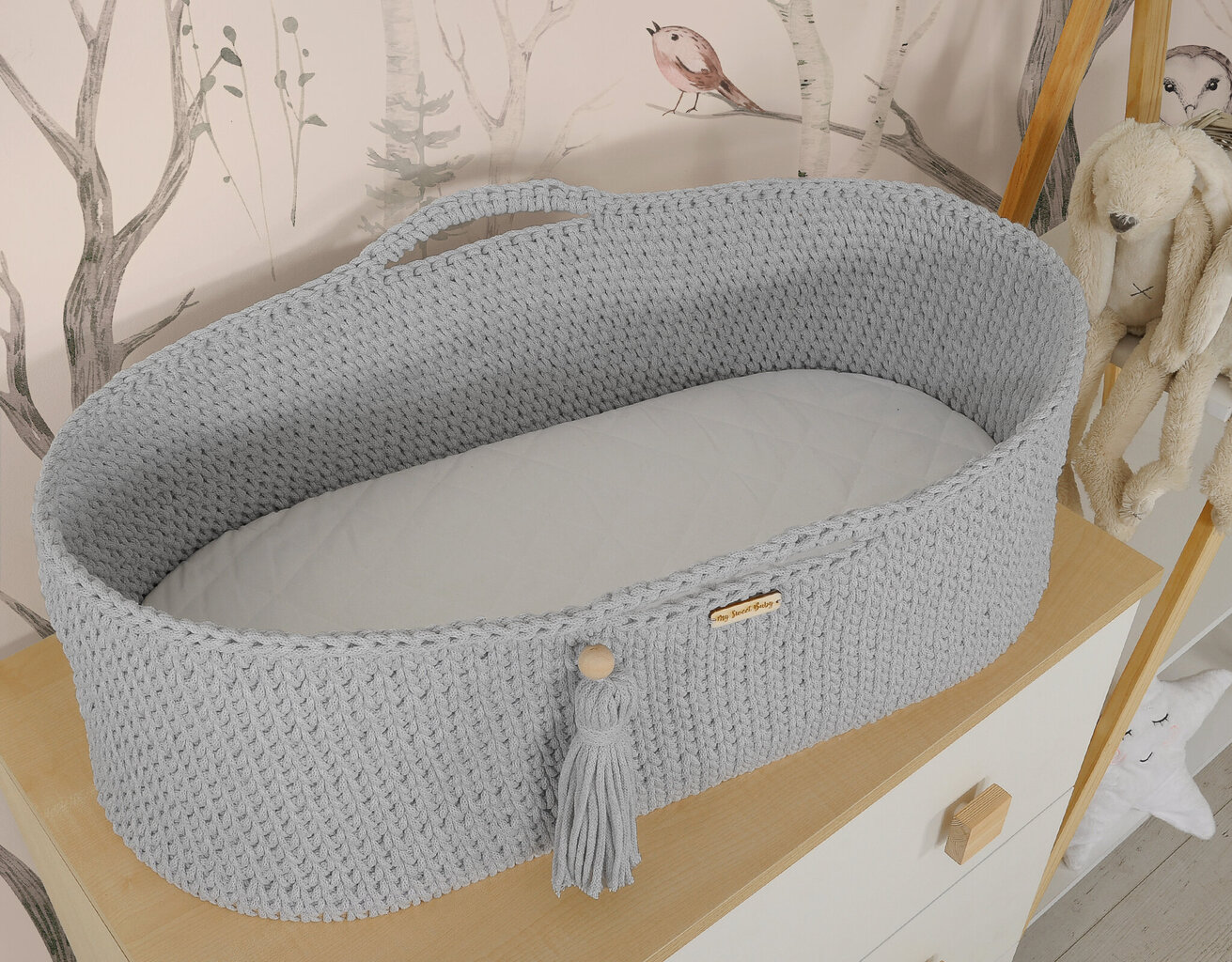 Zīdaiņu gulta Moses basket BOHO Handmade with stand - gray cena un informācija | Zīdaiņu gultas | 220.lv