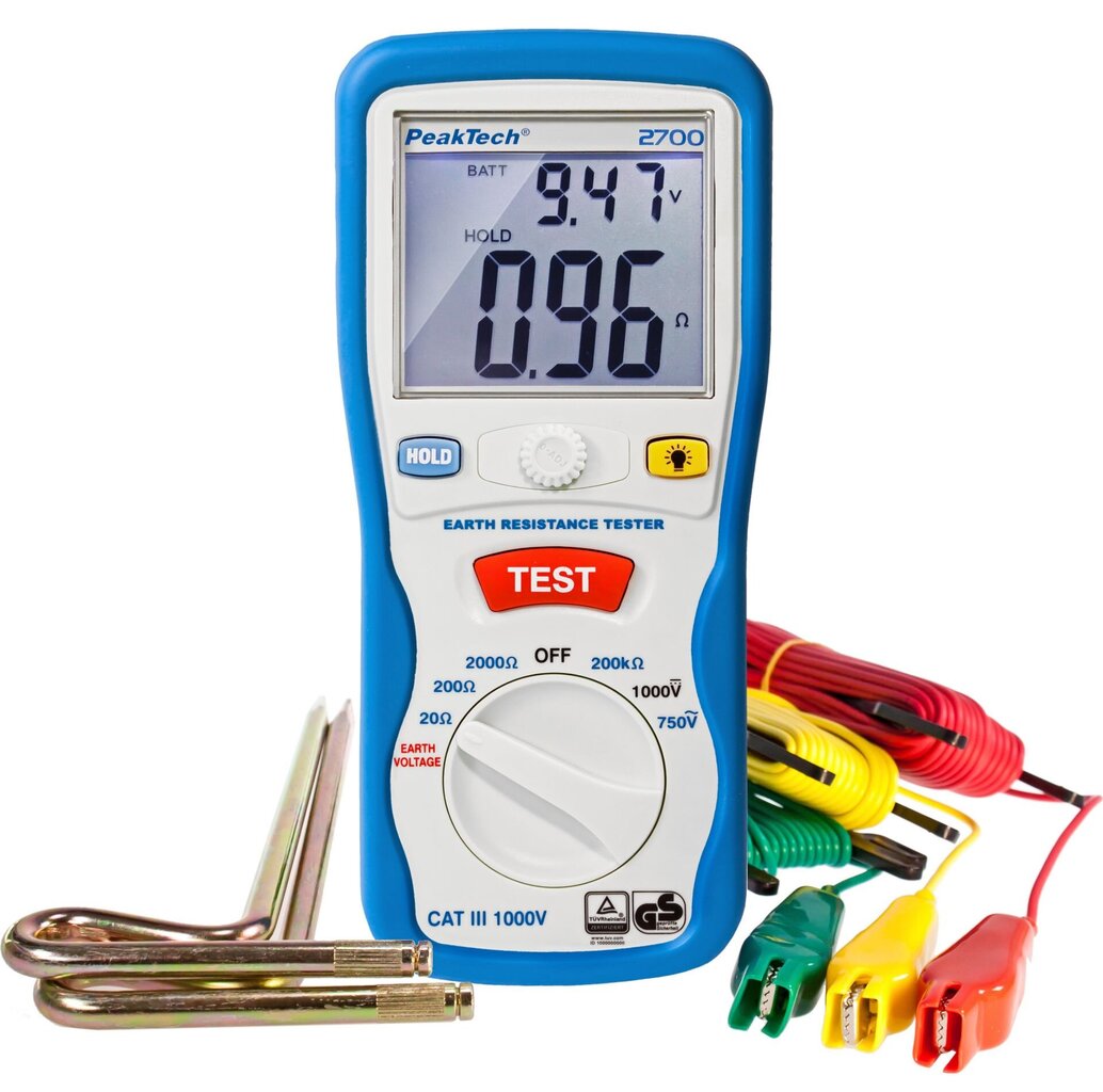 Digitālais Zemes testeris PeakTech® P 2700, 0-2000Ω, CAT III 1000V cena un informācija | Rokas instrumenti | 220.lv