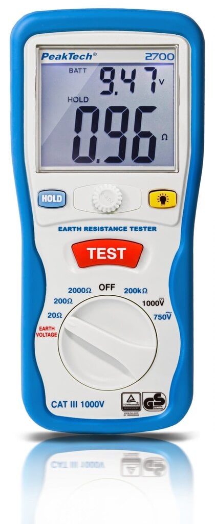 Digitālais Zemes testeris PeakTech® P 2700, 0-2000Ω, CAT III 1000V cena un informācija | Rokas instrumenti | 220.lv