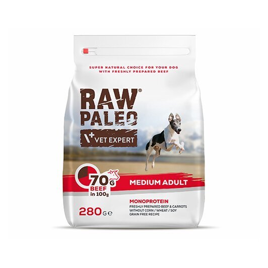 Raw Paleo sausā bezgraudu barība vidējo šķirņu suņiem Adult Medium ar liellopu gaļu, 280 g cena un informācija | Sausā barība suņiem | 220.lv
