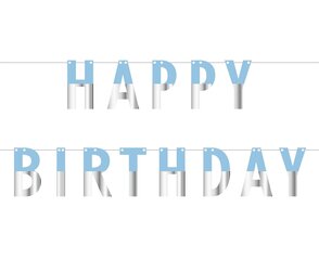 Garland "Happy Birthday", 160 x 11 cm, blue-silver PF-GUNS cena un informācija | Svētku dekorācijas | 220.lv