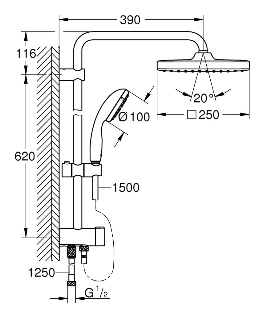 GROHE Vitalio Start 250 Flex dušas sistēma ar 250mm lietus galvu un 100mm rokas dušu, hroms, 26698000 цена и информация | Dušas komplekti un paneļi | 220.lv