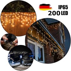 200 LED spuldžu profesionāla āra virtene Lāstekas ar melnu vadu Brosberg, Silti balta gaisma cena un informācija | Ziemassvētku lampiņas, LED virtenes | 220.lv