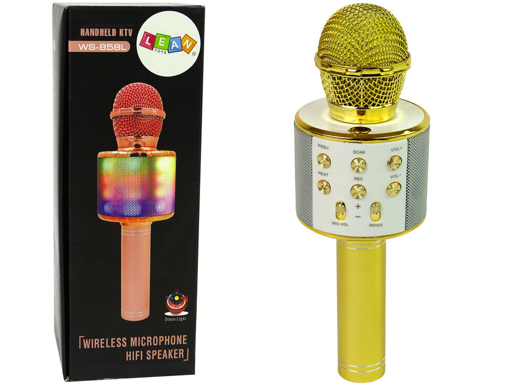 Bezvadu karaoke mikrofons ar skaļruņiem un ierakstīšanas funkciju WS-858, zelts cena un informācija | Attīstošās rotaļlietas | 220.lv
