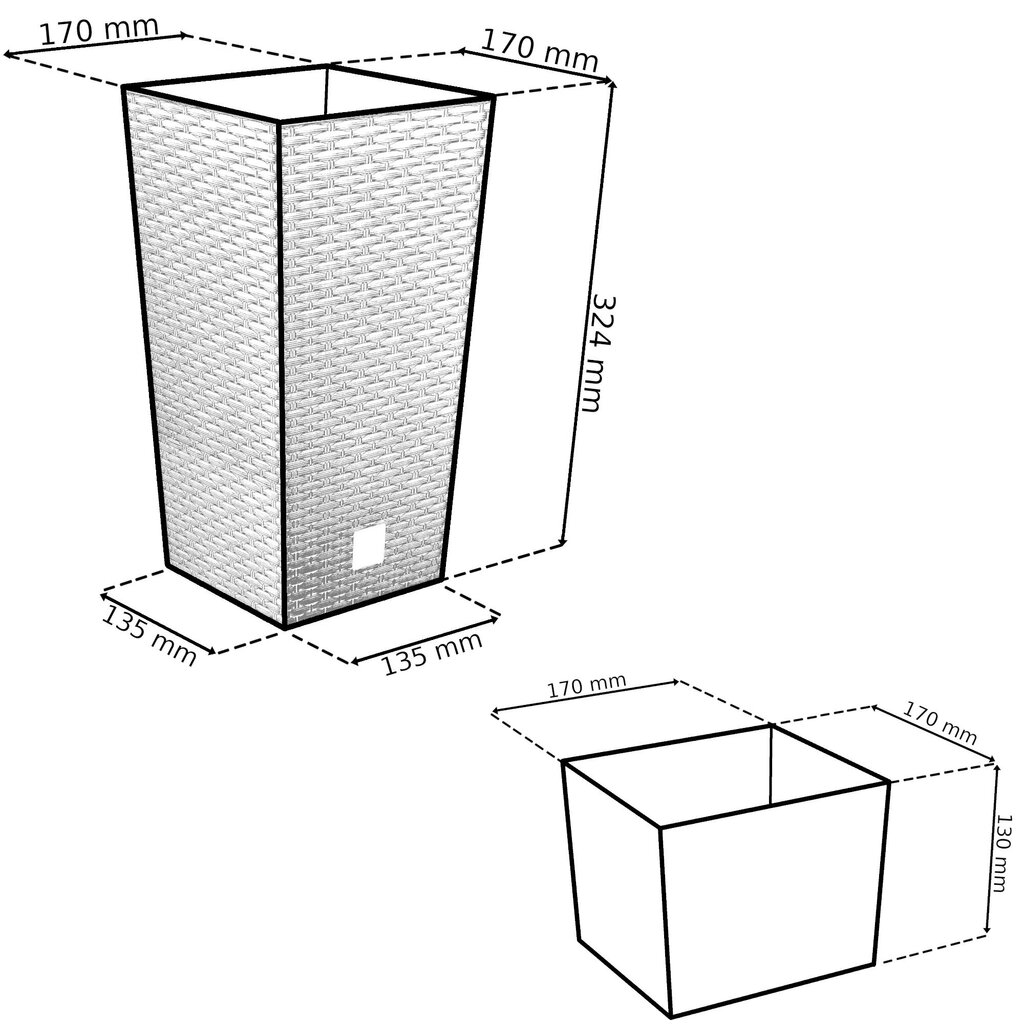 botle 3 kvadrātveida puķupodu komplekts no rotangpalmas antracīta H 32 + 37 + 42 cm pl plastmasa ar ieliktni augiem cena un informācija | Puķu podi | 220.lv