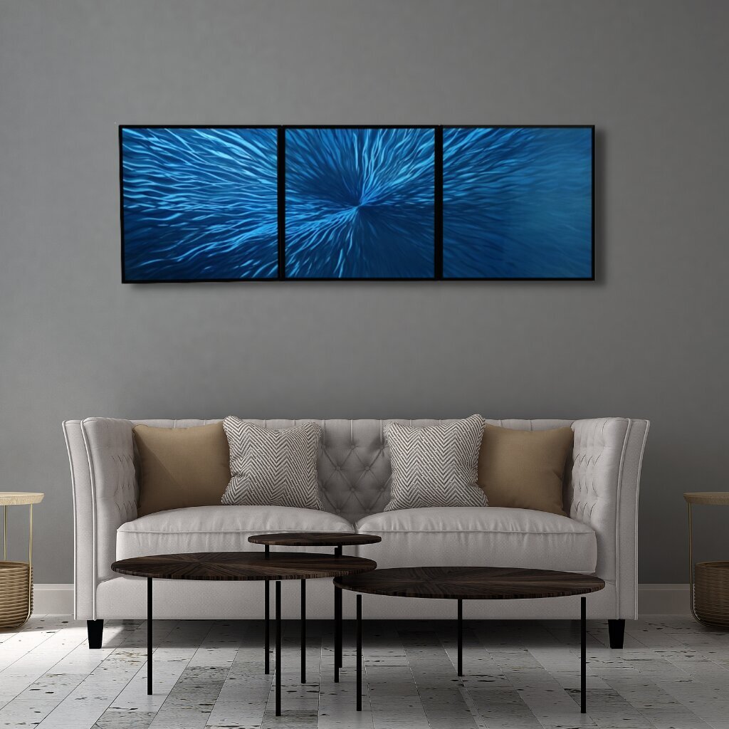 Ar rokām veidots 3 daļu metāla gleznas triptihs Blue Energy 180x60 cm цена и информация | Gleznas | 220.lv