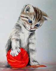 Алмазная мозаика 40x50 cm.  "Kitten with a red clew" цена и информация | Алмазная мозаика | 220.lv