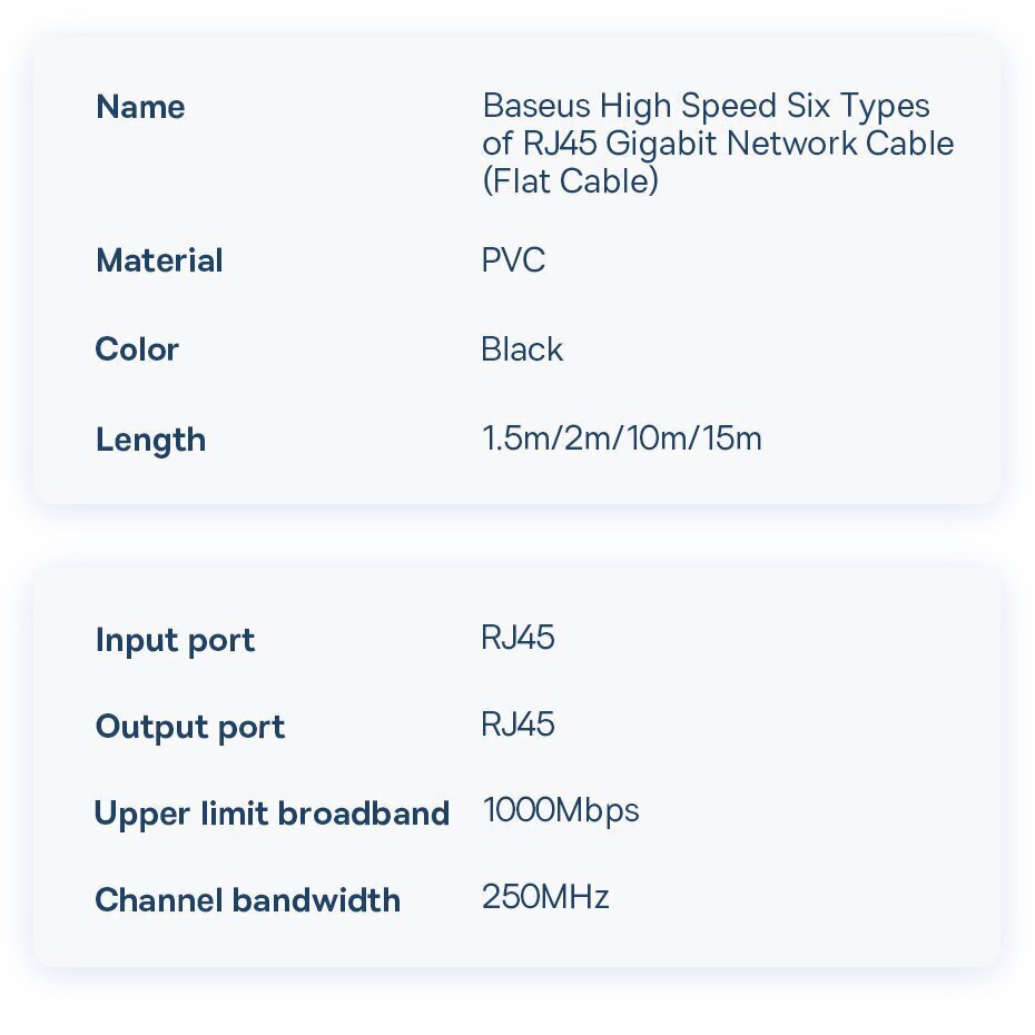 Baseus high Speed Six types of RJ45 Gigabit network cable (flat cable)1.5m Black cena un informācija | Kabeļi un vadi | 220.lv