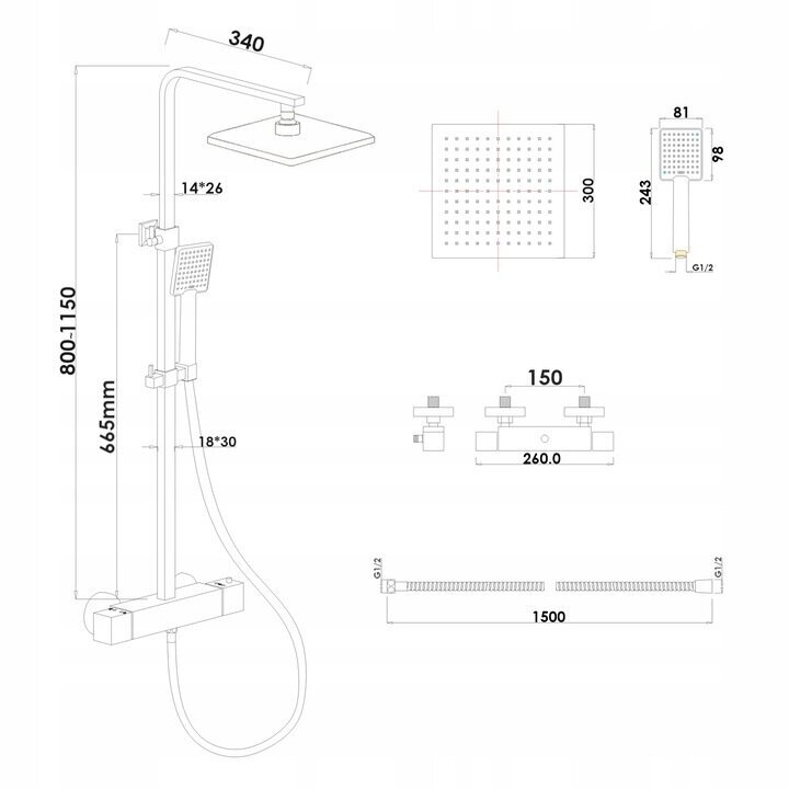 Open dušas komplekts ar termostatu un 30 x 30 cm lietus dušu цена и информация | Jaucējkrāni | 220.lv