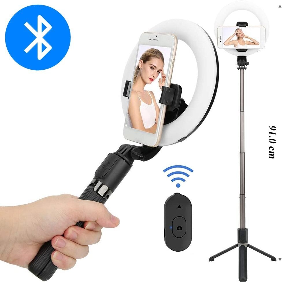 LED selfiju nūja - statīvs ar gredzena lampu un Bluetooth tālvadības pulti cena un informācija | Selfie Sticks | 220.lv