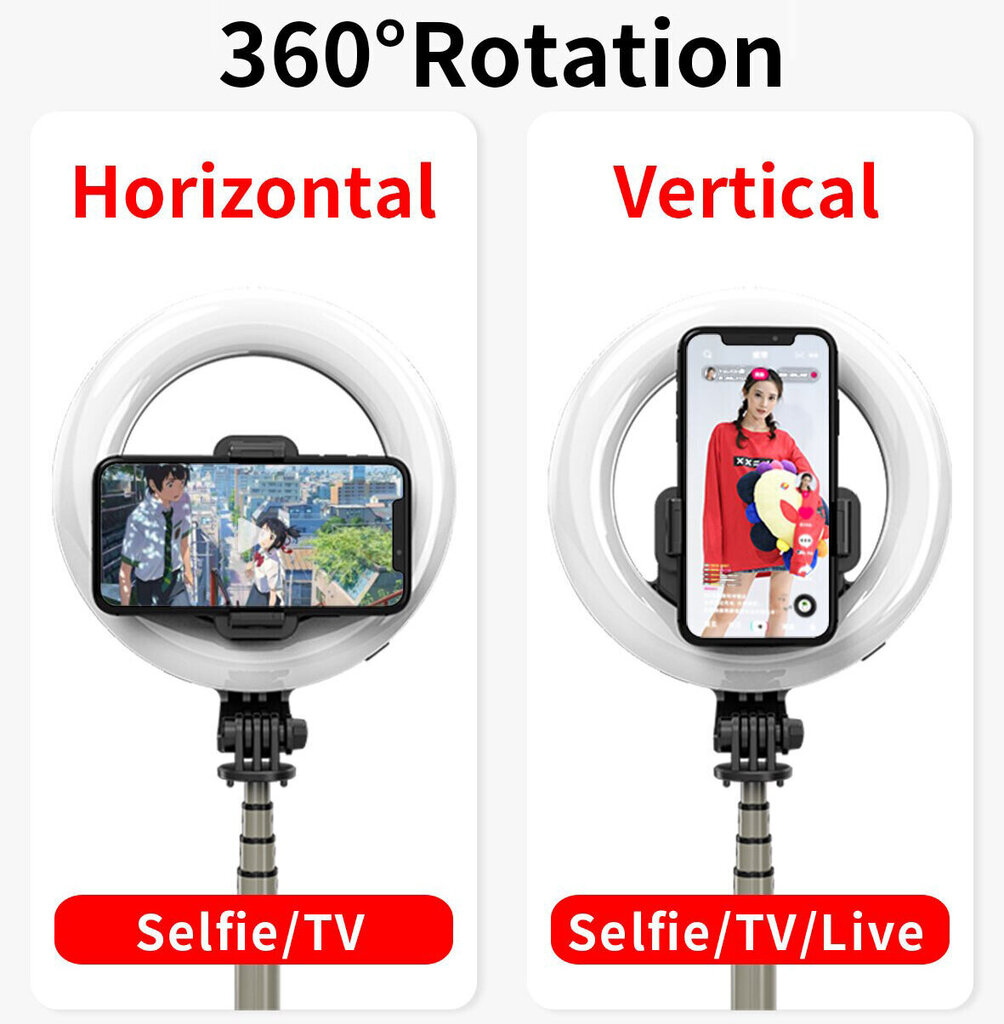 LED selfiju nūja - statīvs ar gredzena lampu un Bluetooth tālvadības pulti цена и информация | Selfie Sticks | 220.lv