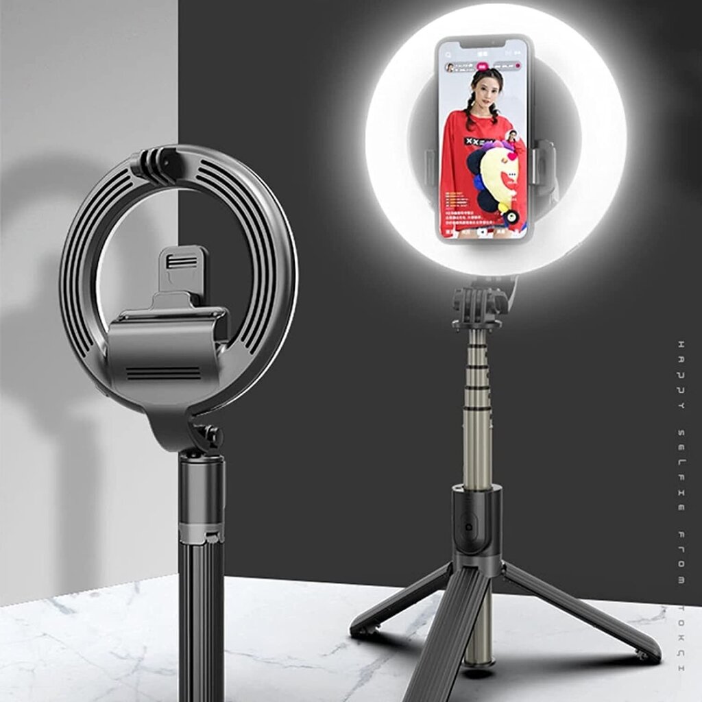 LED selfiju nūja - statīvs ar gredzena lampu un Bluetooth tālvadības pulti cena un informācija | Selfie Sticks | 220.lv