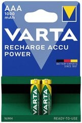 Батарейки Varta Recharge Accu Power AAA (HR03) заряжаемые, 1000мАч, 2 шт. цена и информация | Батарейки | 220.lv