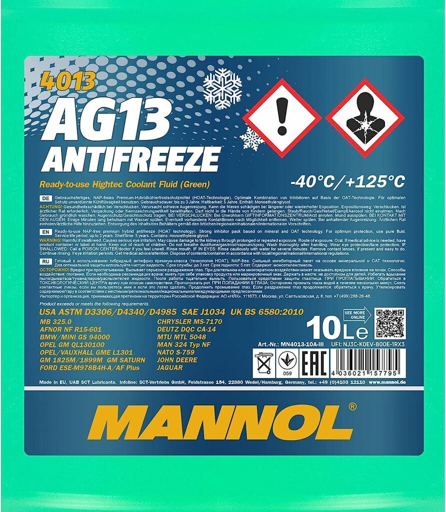 Mannol Antrefreeze AG13-40 RefRstrost aizsardzības dzesēšanas šķidrums, 10 litri цена и информация | Vējstiklu un dzesēšanas šķidrumi | 220.lv