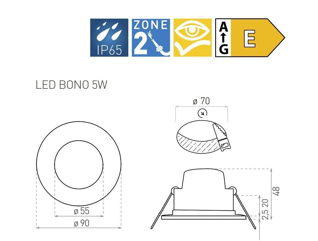 Greenlux iebūvējamais LED gaismeklis BONO-R WHITE 5W NW, GXLL021 cena un informācija | Iebūvējamās lampas, LED paneļi | 220.lv