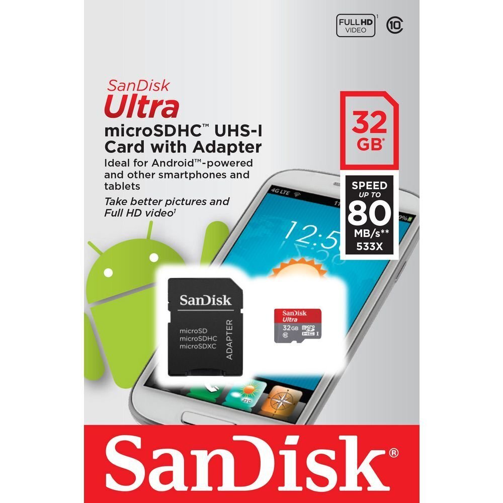 Atmiņas kartes SanDisk    Universal    microSDHC ULTRA ANDROID 80MB/s 32GB cl. 10 UHS-I + adapter cena un informācija | Atmiņas kartes mobilajiem telefoniem | 220.lv