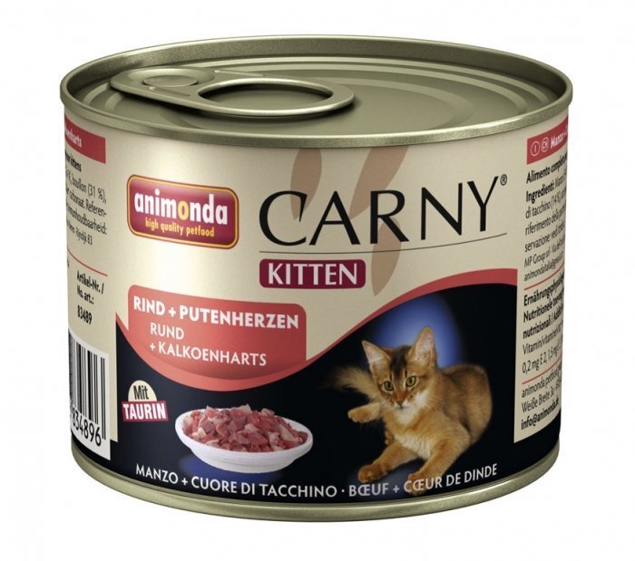Konservi kaķiem Carny kitten ar titāra gaļu un sirdi 0,2 kg cena un informācija | Konservi kaķiem | 220.lv