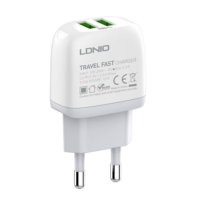 Sienas lādētājs LDNIO A2219, 2x USB, 2.4A (balts) cena un informācija | Lādētāji un adapteri | 220.lv