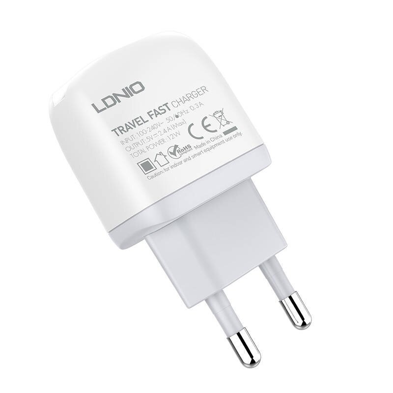 Sienas lādētājs LDNIO A2219, 2x USB, 2.4A (balts) cena un informācija | Lādētāji un adapteri | 220.lv
