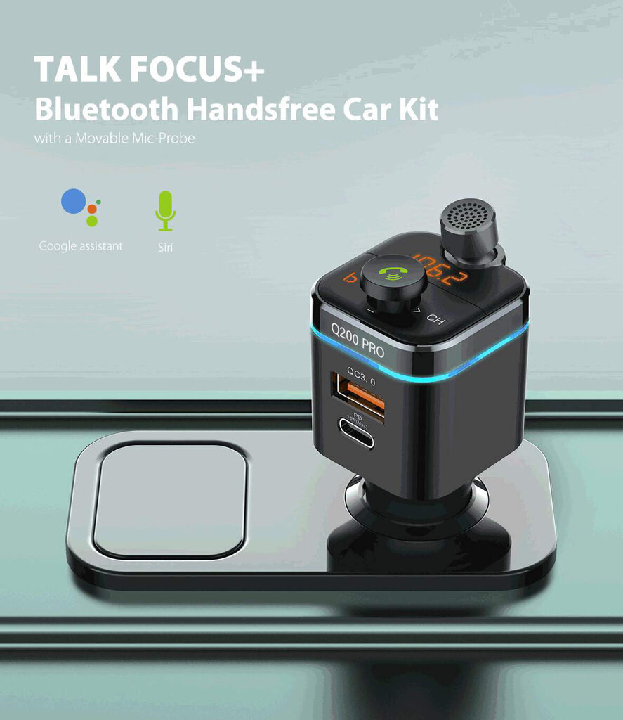 Feegar Q200 PRO FM moduliatorius Bluetooth 5.0 Transmiteris BT QC 3.0 PD microSD MP3 USB-C 12-24V įkroviklis 42W HD mikrofonas cena un informācija | FM Modulatori | 220.lv