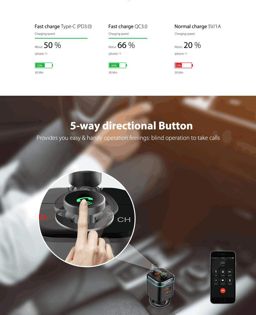 Feegar Q200 PRO FM moduliatorius Bluetooth 5.0 Transmiteris BT QC 3.0 PD microSD MP3 USB-C 12-24V įkroviklis 42W HD mikrofonas cena un informācija | FM Modulatori | 220.lv