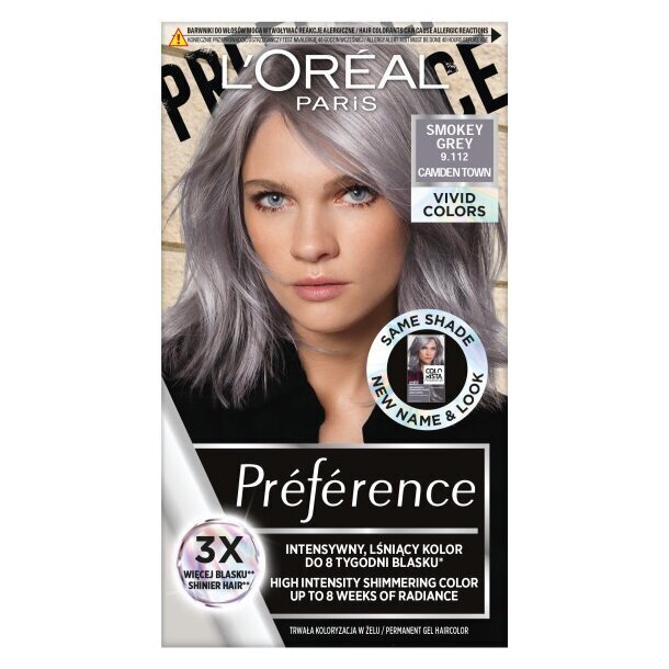 Ilgnoturīga matu krāsa L'Oréal Paris Preference Vivid Colors,9.112 Smokey Grey cena un informācija | Matu krāsas | 220.lv