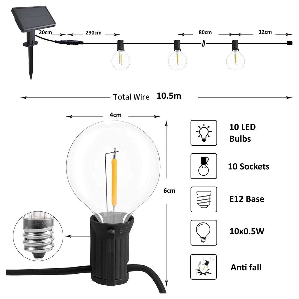 LED saules ielu apgaismojums G.LUX GR-LED-SOLAR STRING-3 10M/10LH/10x0.5 W cena un informācija | Āra apgaismojums | 220.lv