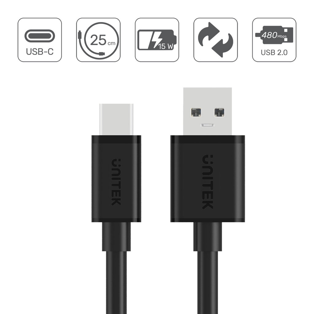 Unitek Y-C480BK, USB-A /USB-C, 25 cm cena un informācija | Kabeļi un vadi | 220.lv