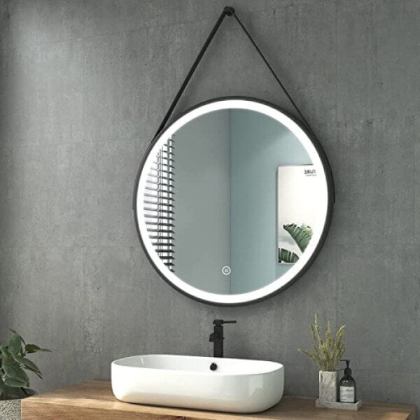 Spogulis Fine 60 cm melns ar ādas jostu un gaismu IP44 cena un informācija | Spoguļi | 220.lv