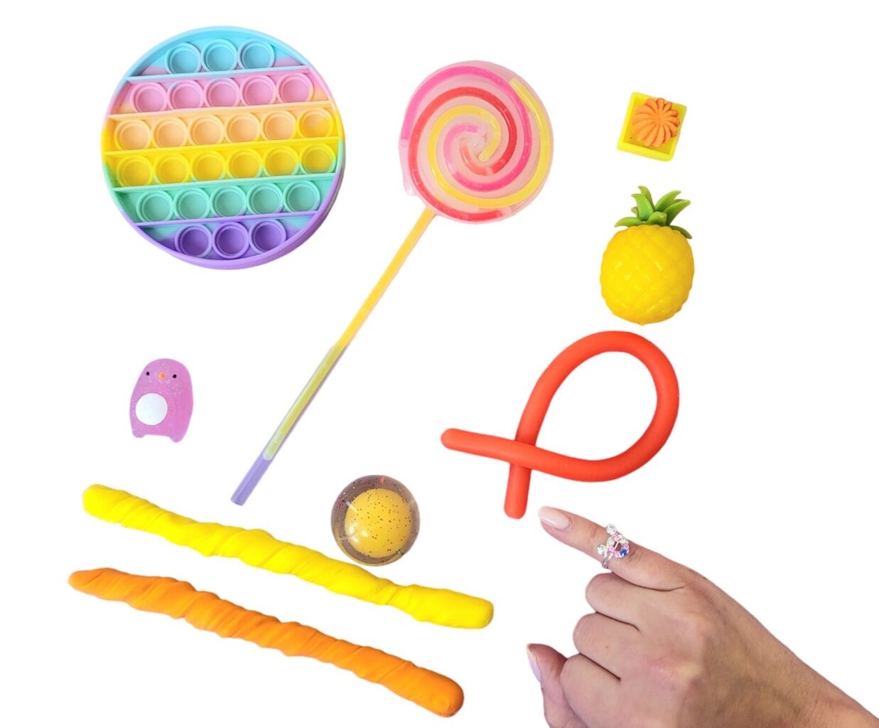 Rotaļlietu komplekts 10 gab., gredzens, spīdīga konfekte, mīcāmas fidget rotaļlietas, saspiežams ananass cena un informācija | Citas oriģinālas dāvanas | 220.lv