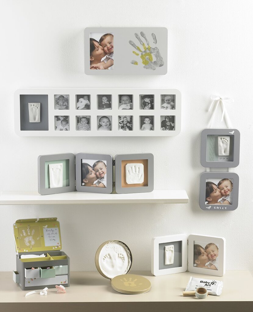 Baby Art Modern Trendy Double Print Frame komplekts mazuļa pēdiņu/rociņu nospieduma izveidošanai, balts/pēlēks cena un informācija | Mazuļa nospiedumi | 220.lv