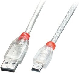 CABLE USB2 A TO MINI-B 0.5M/TRANSPARENT 41781 LINDY cena un informācija | Savienotājkabeļi | 220.lv