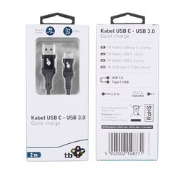 TB Kabelis USB 3.0-USB C 2m PREMIUM 3A melns TPE cena un informācija | Savienotājkabeļi | 220.lv