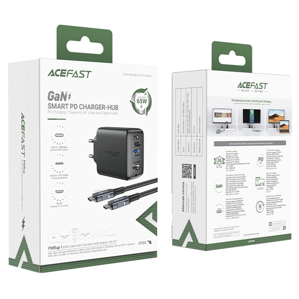 Acefast 2in1 charger GaN 65W USB Type C / USB, adapter HDMI adapter 4K @ 60Hz (set with cable) black (A17 black) cena un informācija | Lādētāji un adapteri | 220.lv