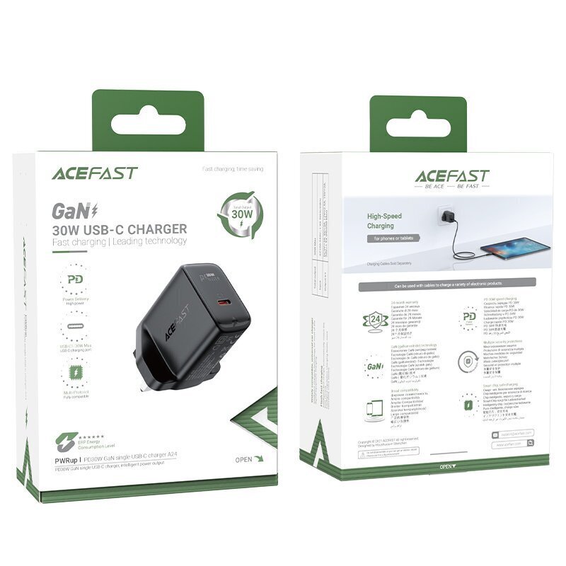 Acefast GaN charger (UK plug) USB Type C 30W, Power Delivery, PPS, Q3 3.0, AFC, FCP black (A24 UK black) cena un informācija | Lādētāji un adapteri | 220.lv