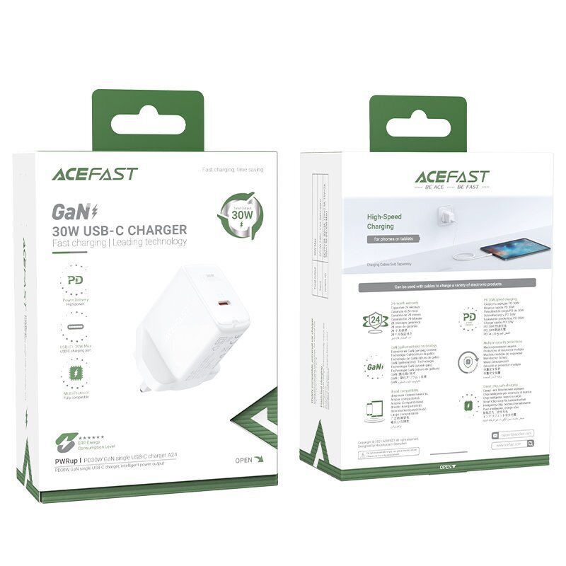 Acefast GaN wall charger (UK plug) USB Type C 30W, Power Delivery, PPS, Q3 3.0, AFC, FCP white (A24 UK white) cena un informācija | Lādētāji un adapteri | 220.lv